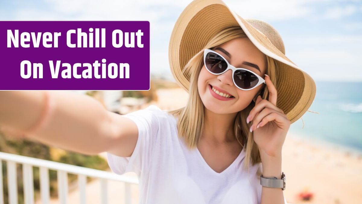 Cheerful young woman in hat and sunglasses taking selfie with mobile phone on summer resort sea.