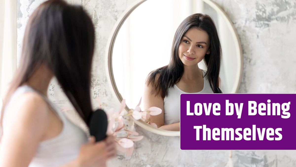 Beautiful woman arranging herself in the mirror.